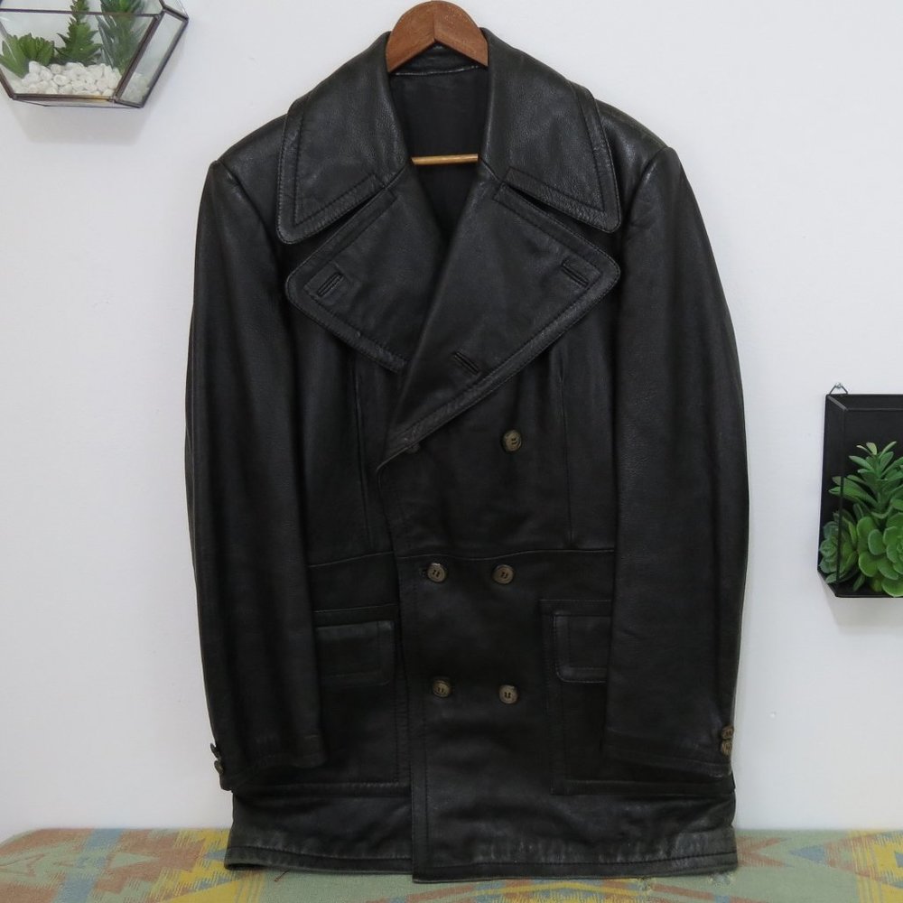 Vintage McGregor Black Leather Trench Coat XL - Picture 2 of 6
